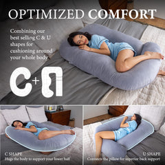 Pharmedoc full-body pillow promotes side-sleep position to ease back and hip pressure.