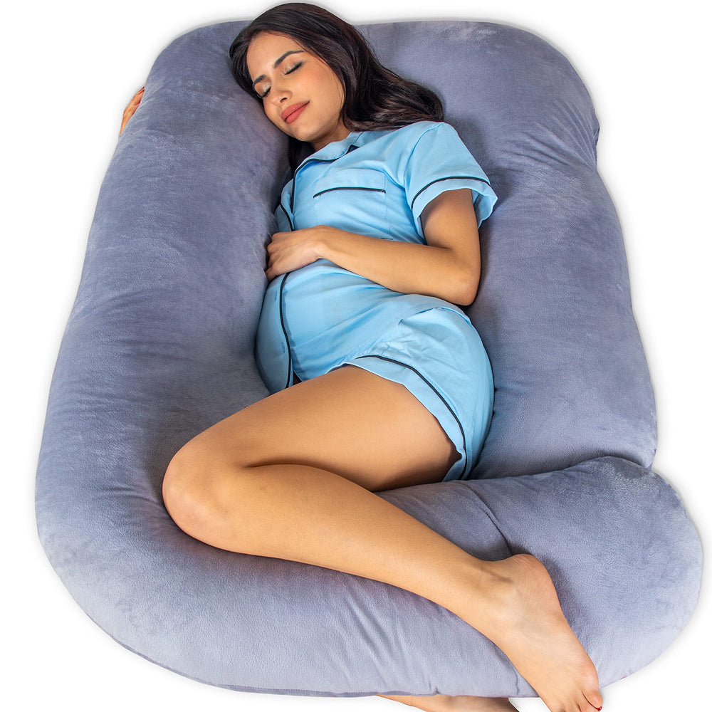 Pharmedoc pregnancy pillow, U-shape full body, grey with removable cover, supports spine and hips.