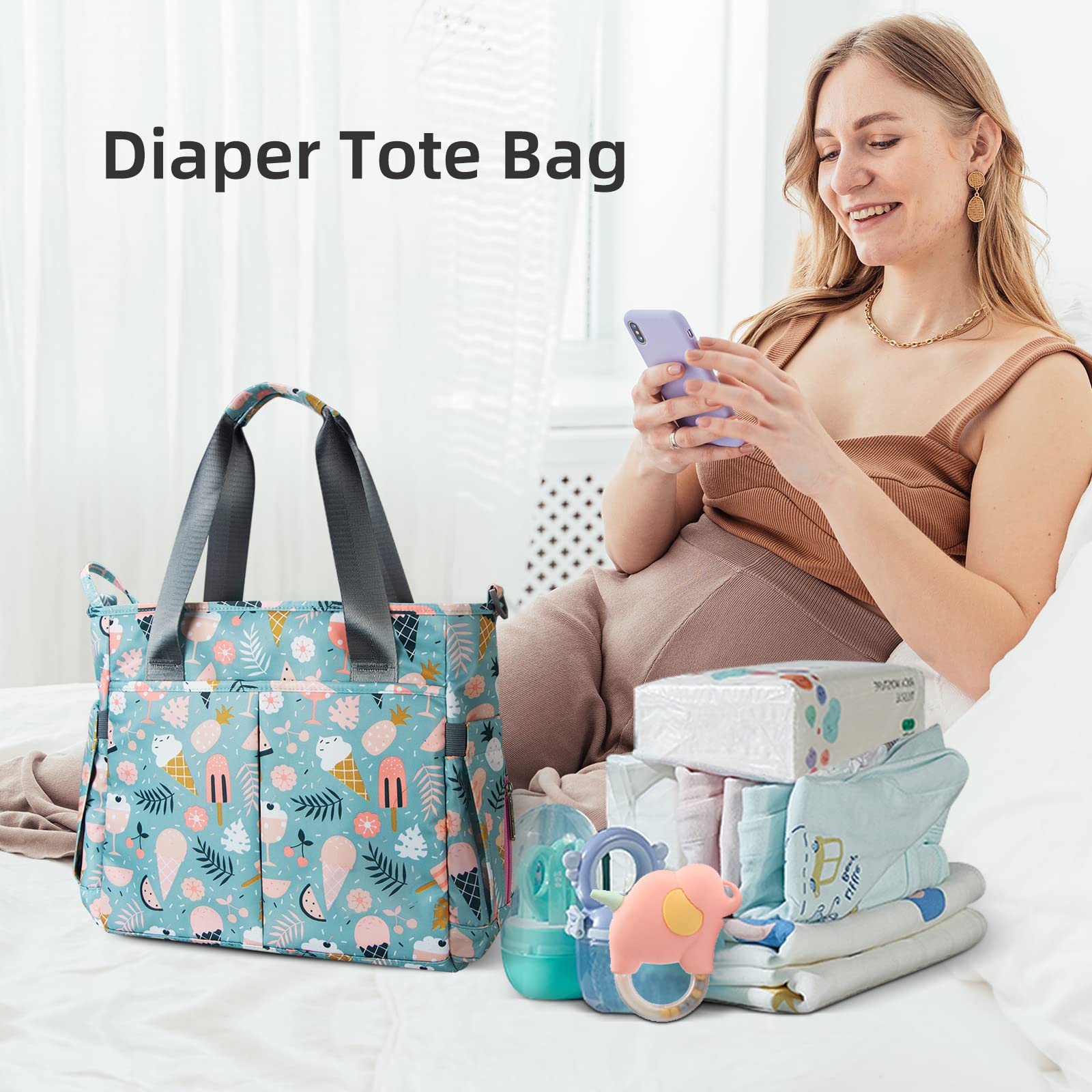 PHEBEN diaper bag tote ample main compartment for newborn and toddler gear.