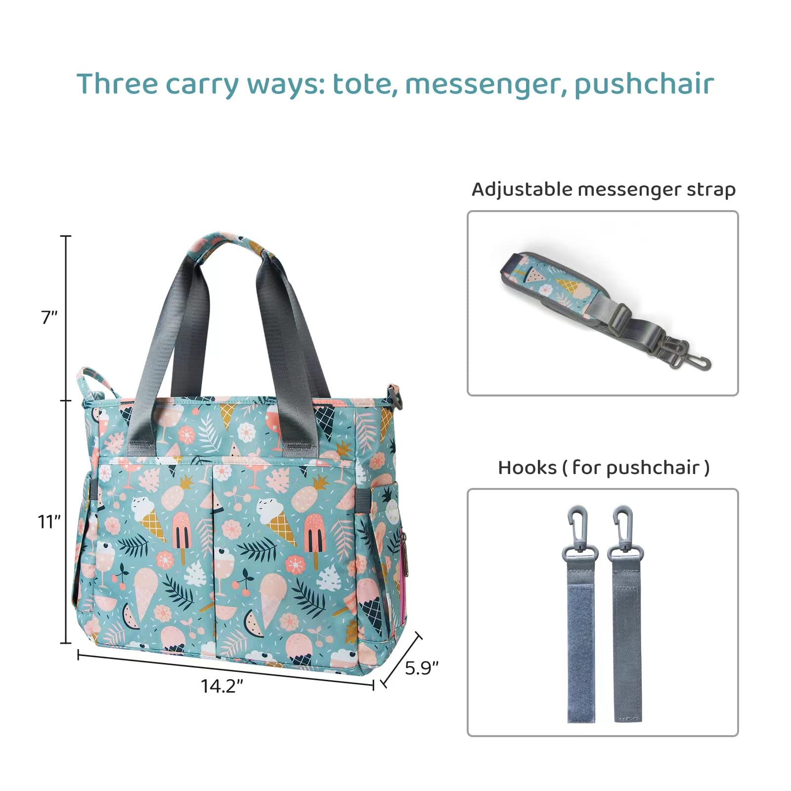 PHEBEN diaper bag tote front and back pockets provide quick access.