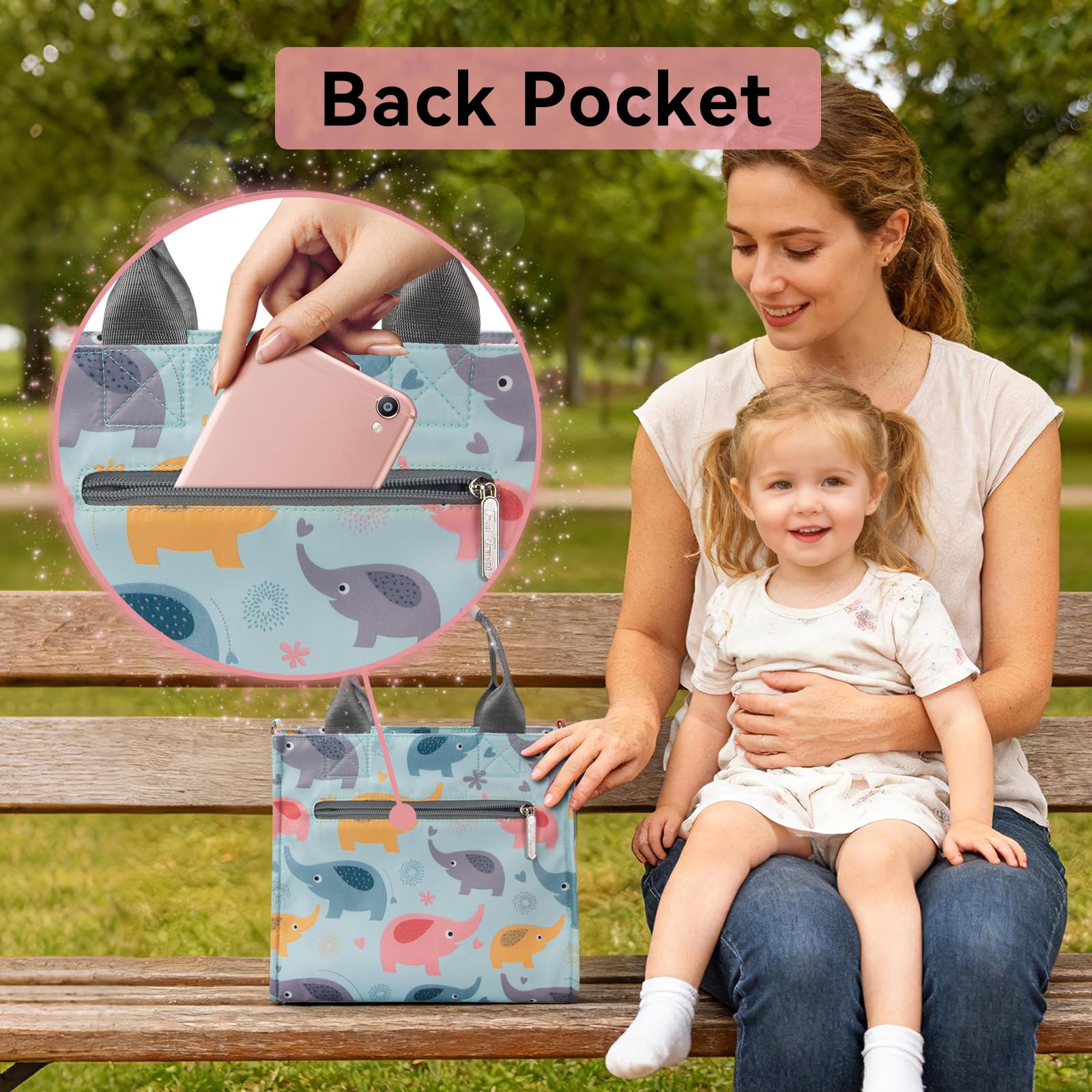 PHEBEN blue elephant tote main compartment neatly holds nappies and wipes