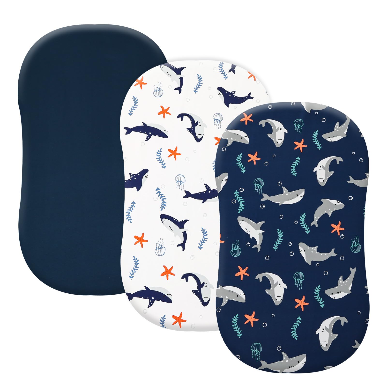 PHF 3 Pack Soft Bassinet Sheets with shark pattern for cozy, breathable baby sleep.