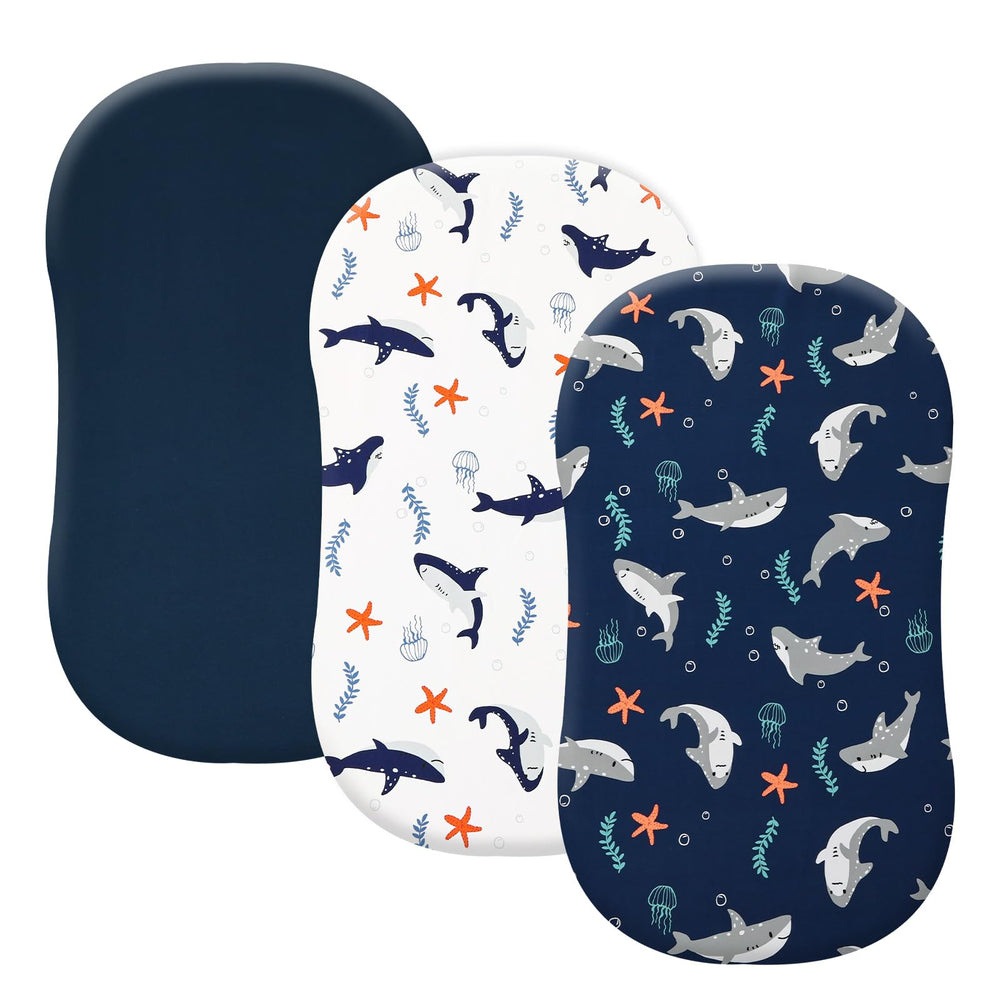 PHF 3 Pack Soft Bassinet Sheets with shark pattern for cozy, breathable baby sleep.