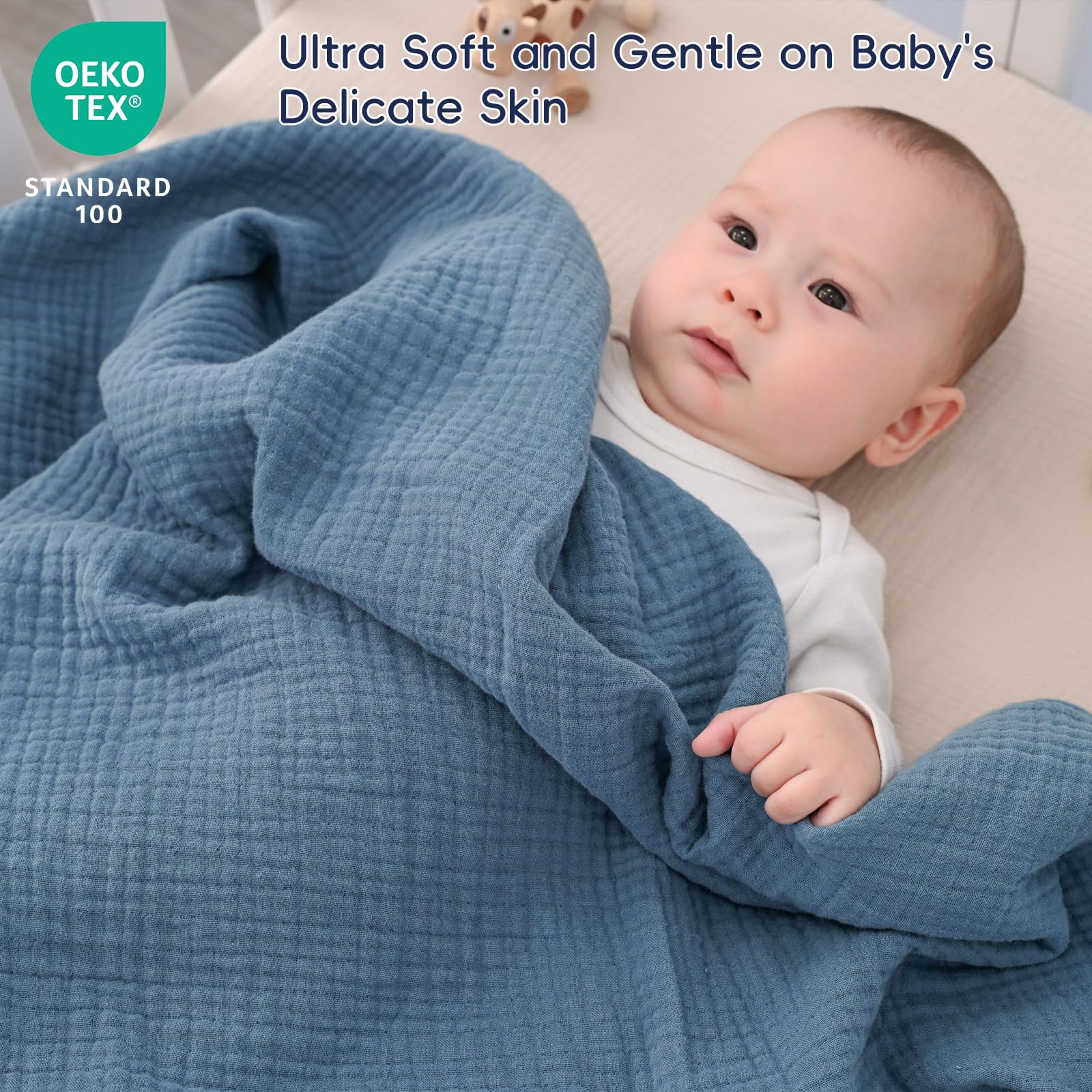 PHF baby muslin swaddle blanket fabric texture close-up highlights breathable, soft cotton feel