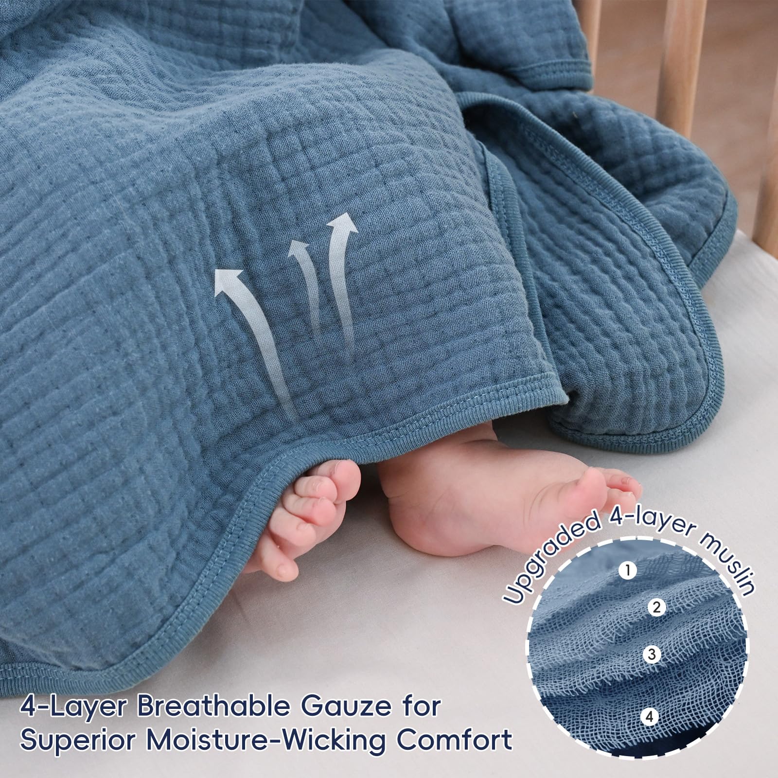PHF baby muslin swaddle blanket swaddled baby image conveys calm, cozy sleep environment