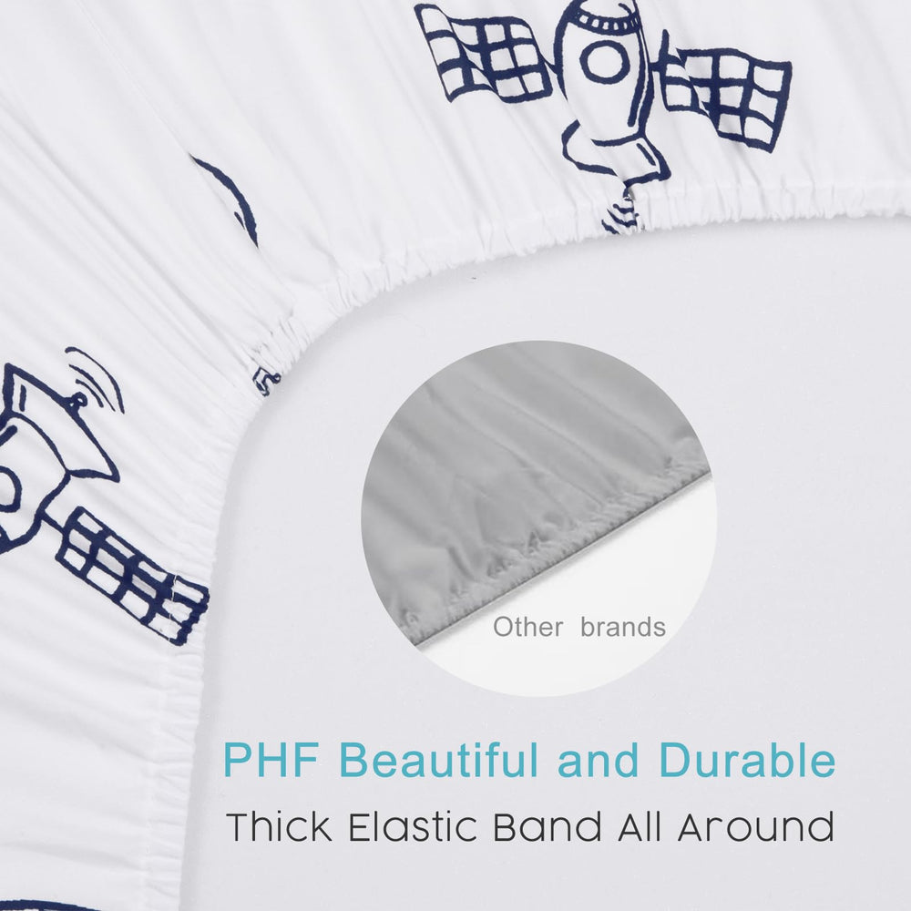 PHF planet and rocket pattern sheets highlight playful design for babies.