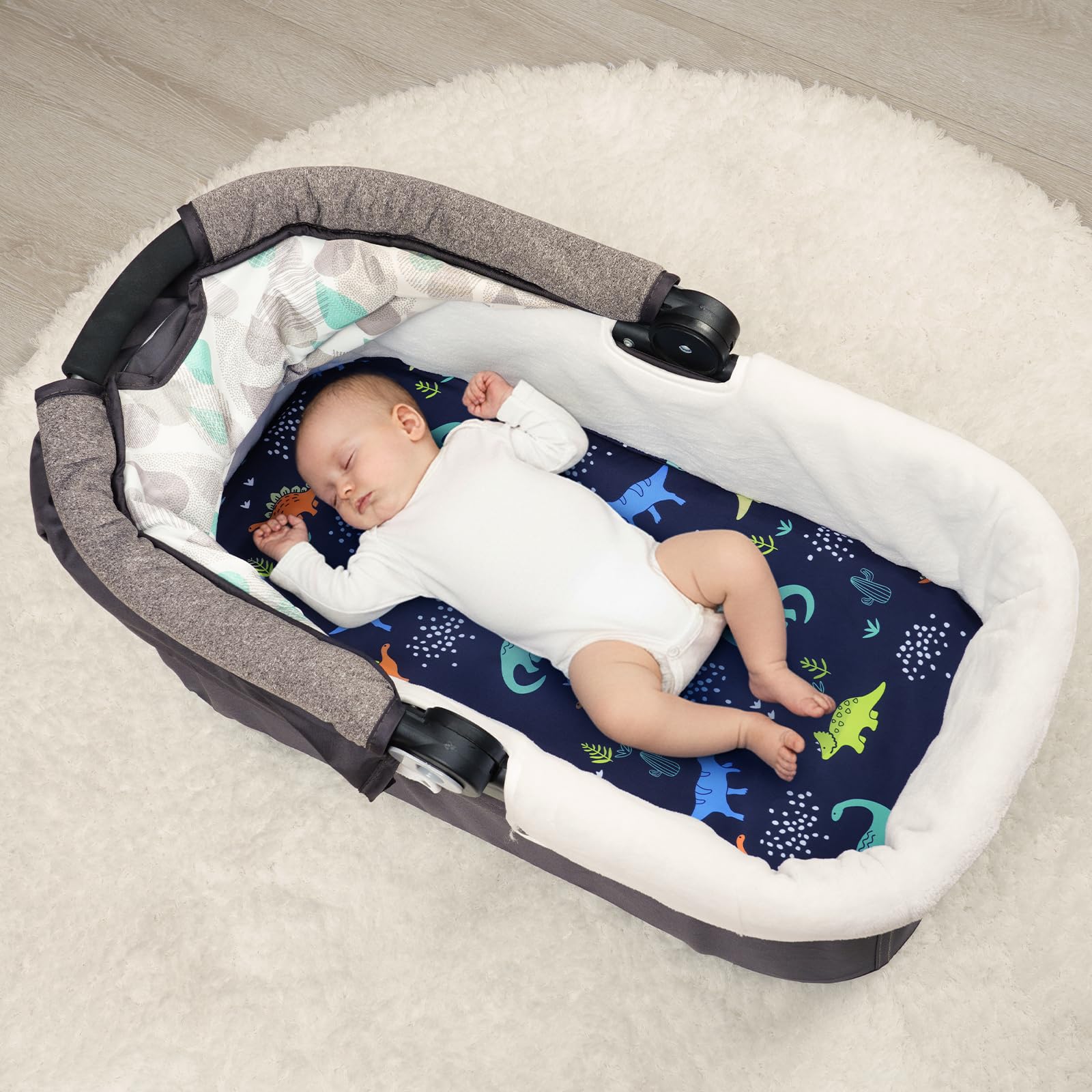 PHF dinosaur bassinet sheet elastic band demonstrates no-slip design for a secure, flat fit.