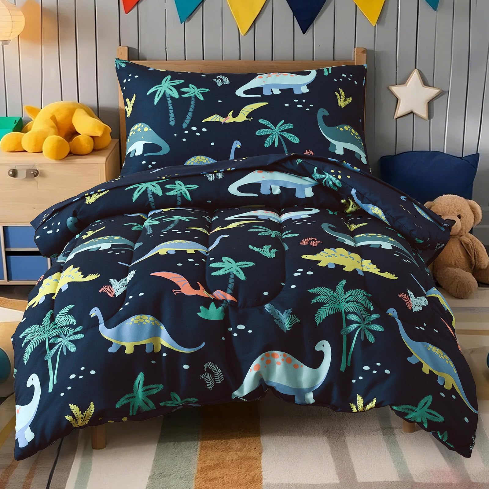 PHF dinosaur bedding set comforter close-up shows plush warmth