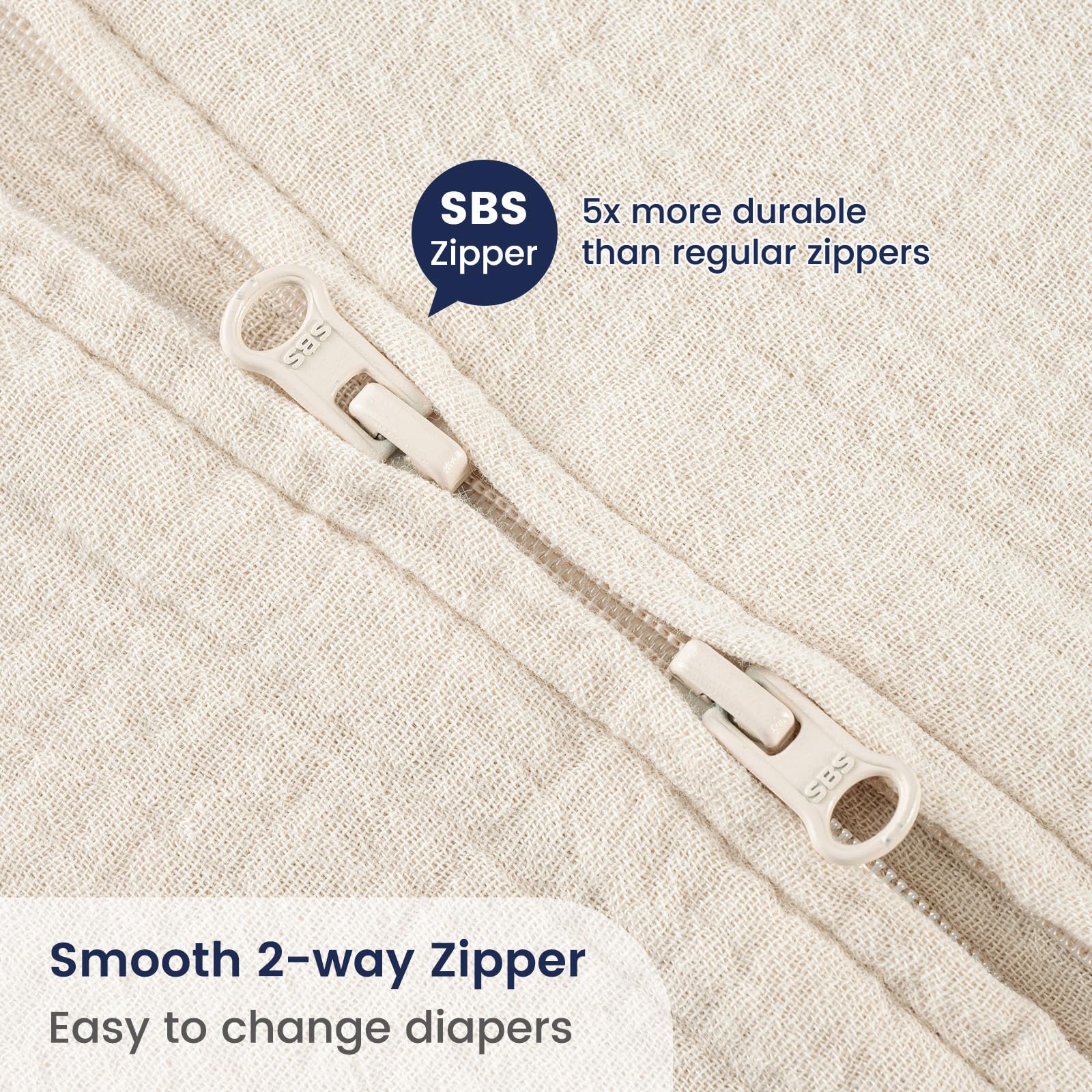 PHF internal zipper protector on sleep sack protects baby's chin and belly