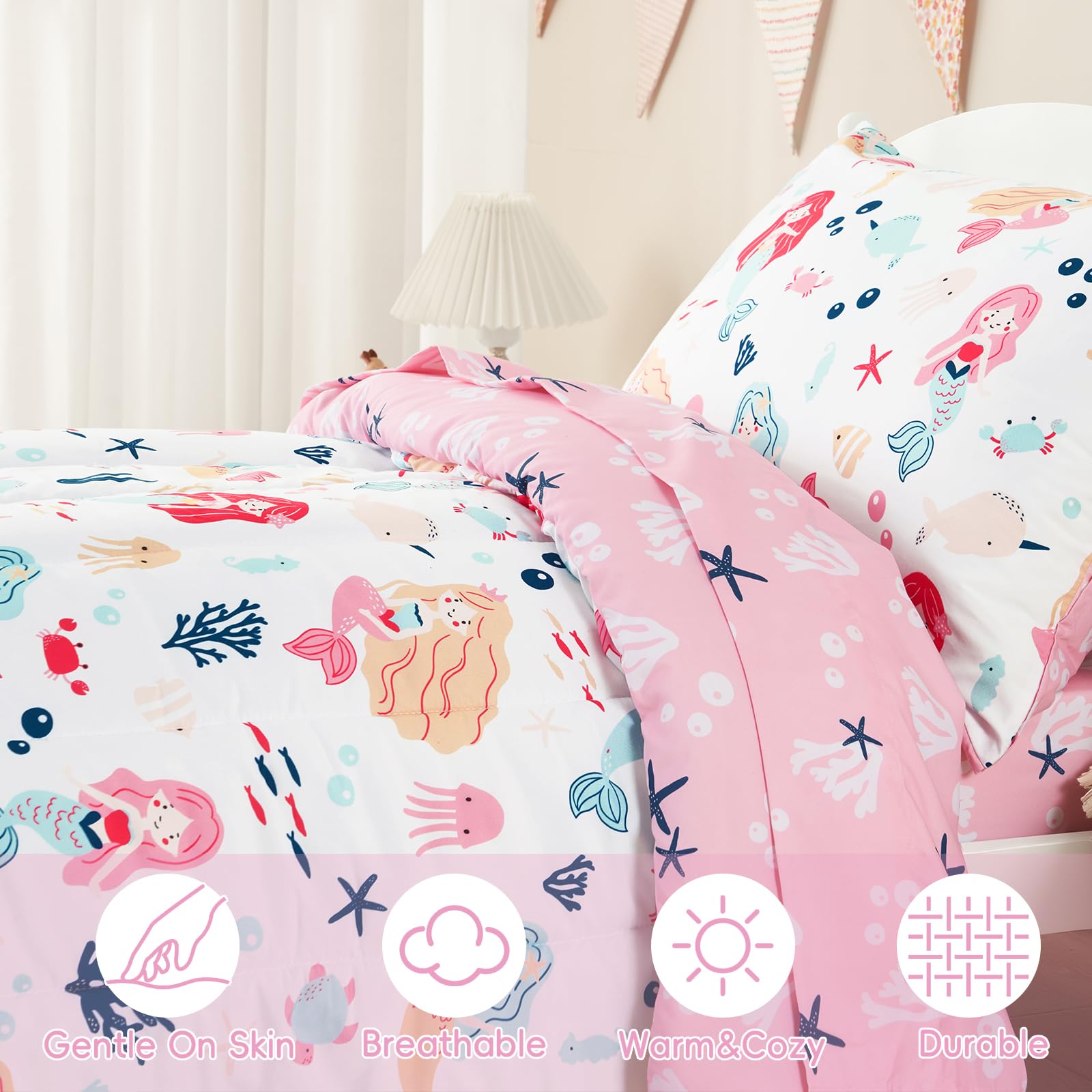 PHF Mermaid fitted sheet elastic edge showing secure fit on toddler bed