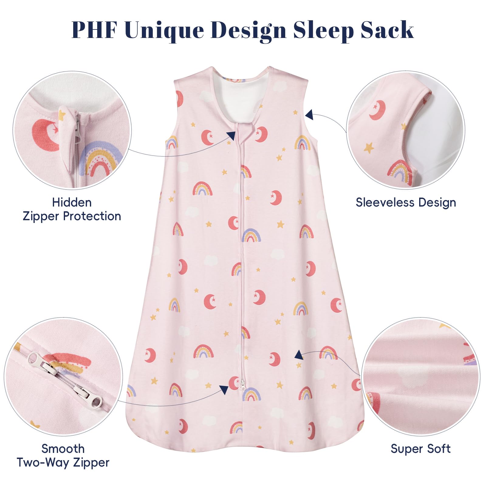 PHF rainbow sleep sack interior zipper protector keeps baby's skin comfortable.