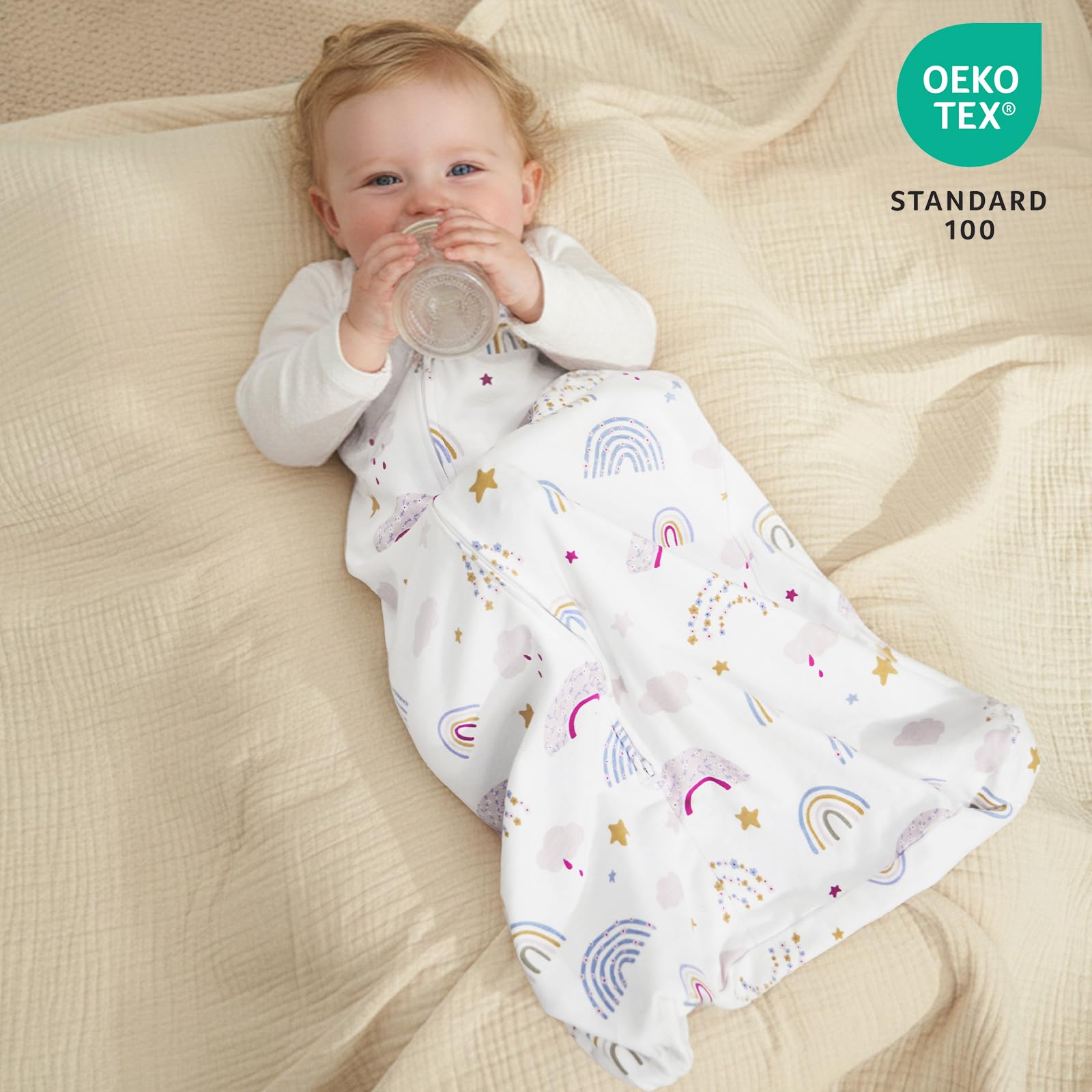 PHF rainbow sleep sack sleeveless design reduces overheating while maintaining warmth.