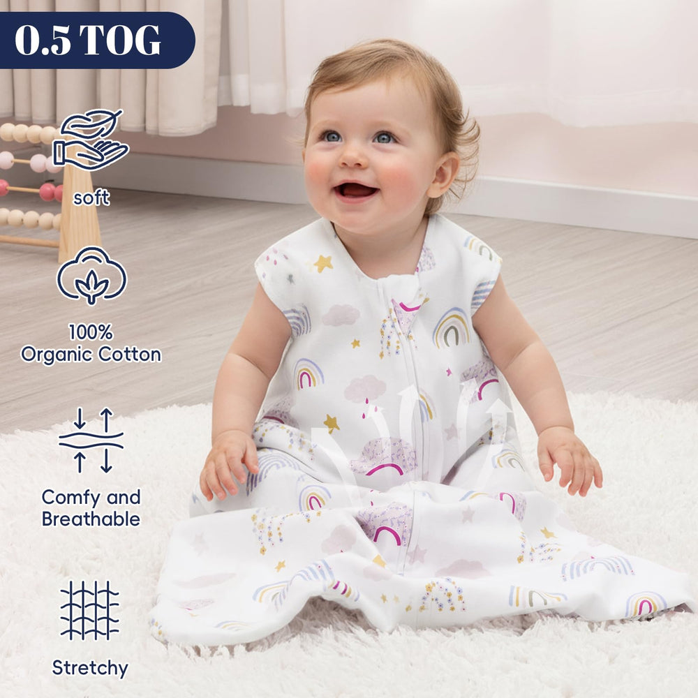 PHF rainbow sleep sack two-way zipper highlights convenient diaper changes at night.