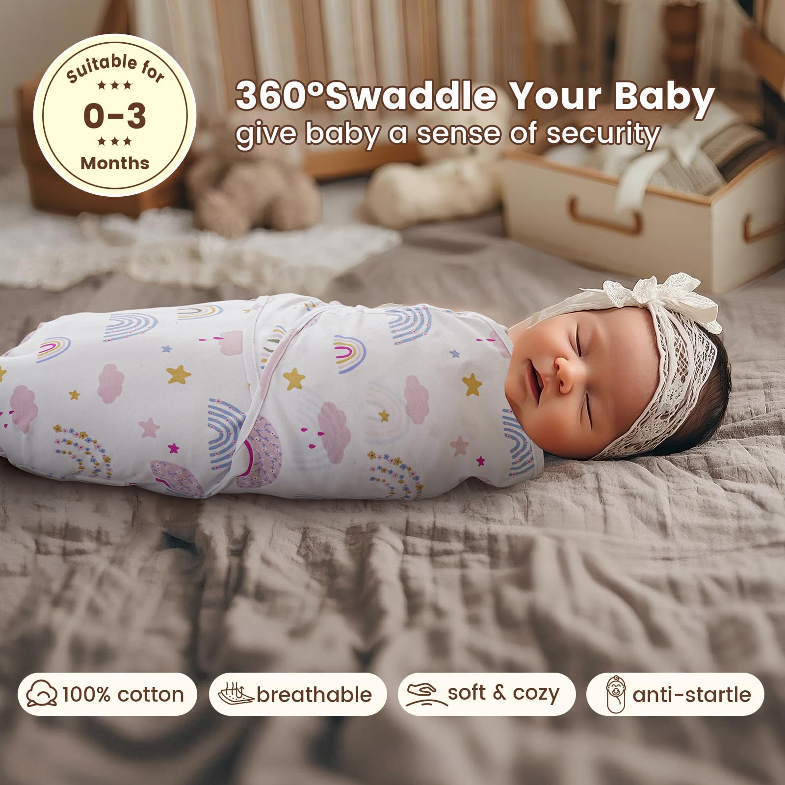 PHF rainbow swaddle wings close-up ergonomic support for hip comfort