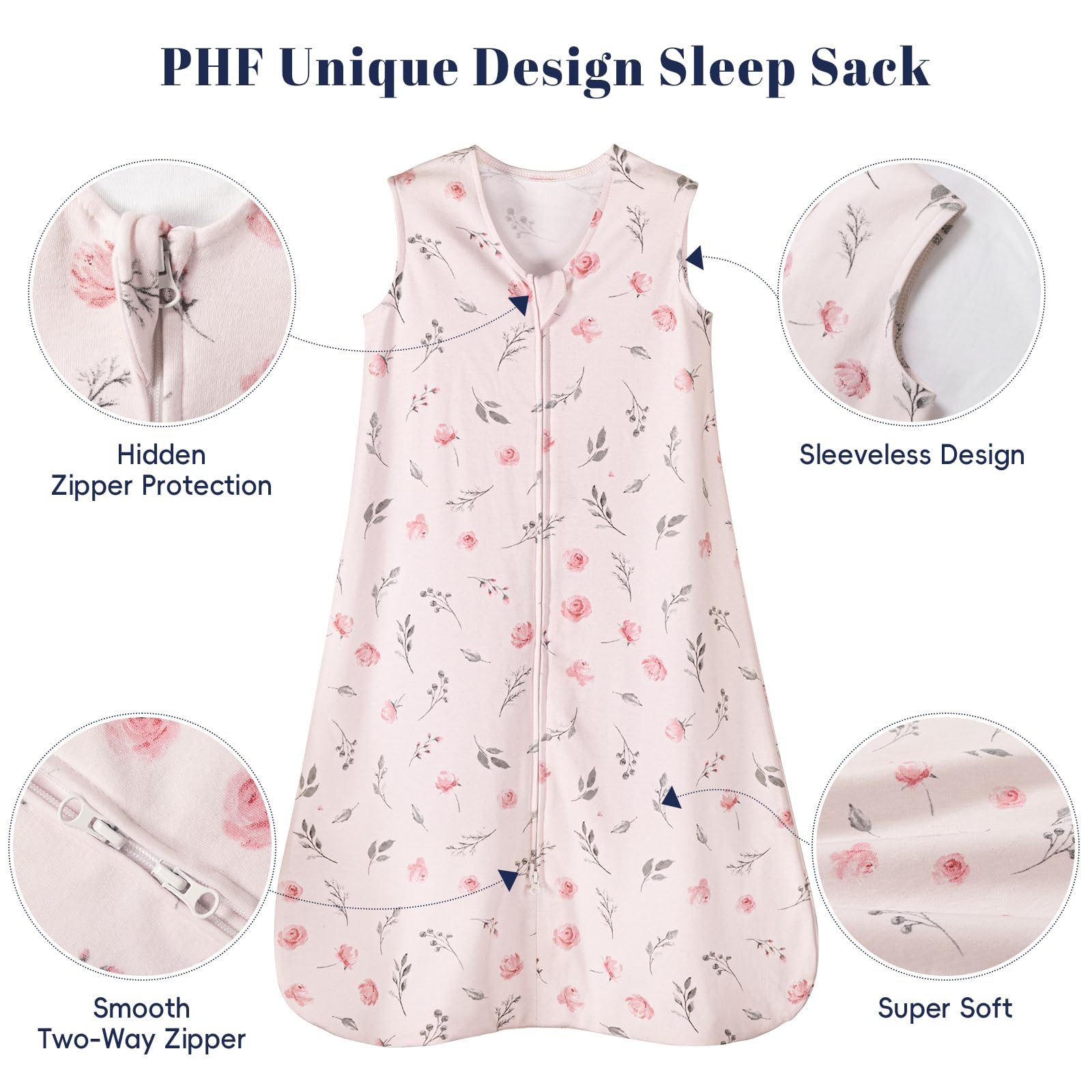PHF sleep sack 2-way zip detail enables easy diaper changes with secure closure.