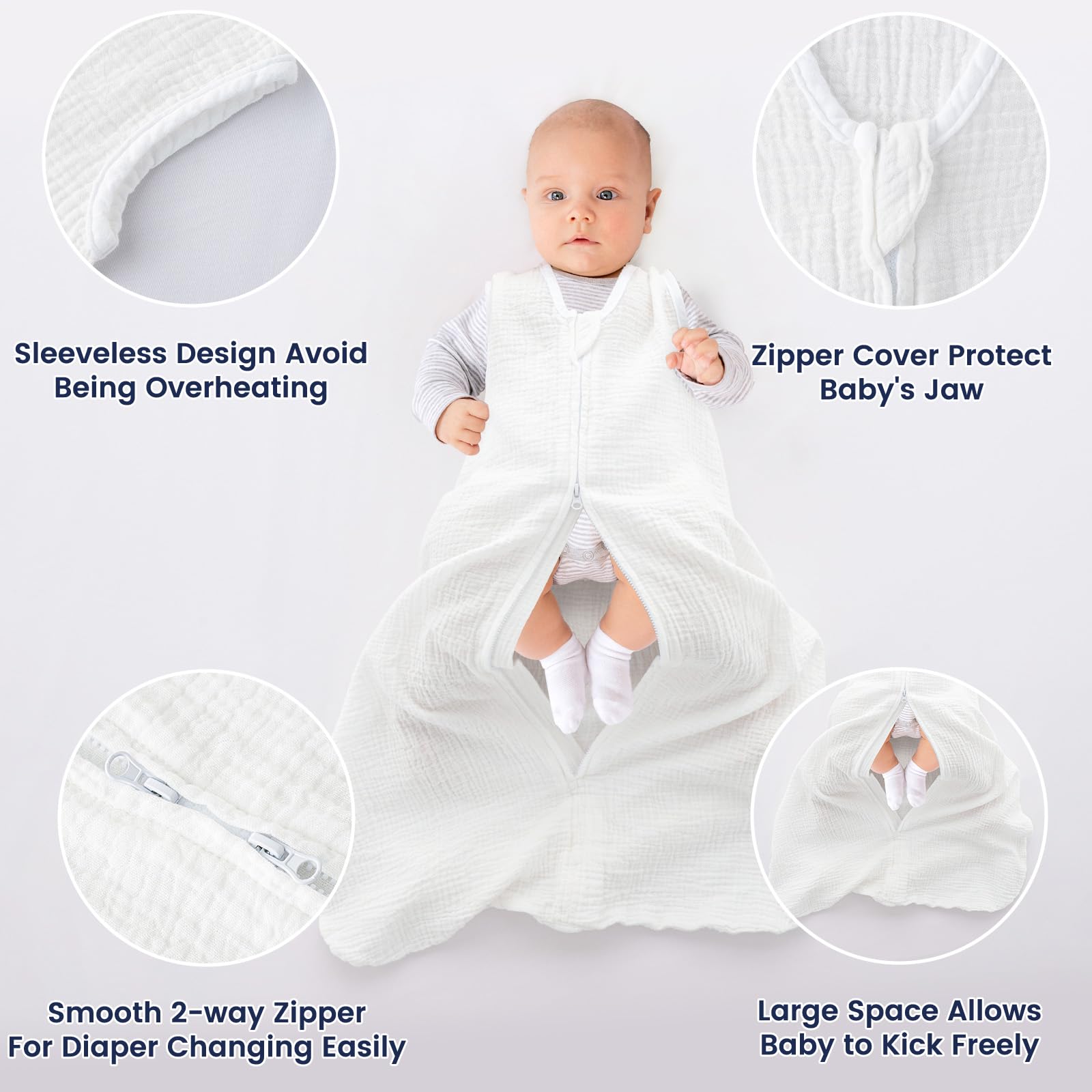 PHF sleep sack 2-way zipper detail enables easy diaper changes without disturbing baby.