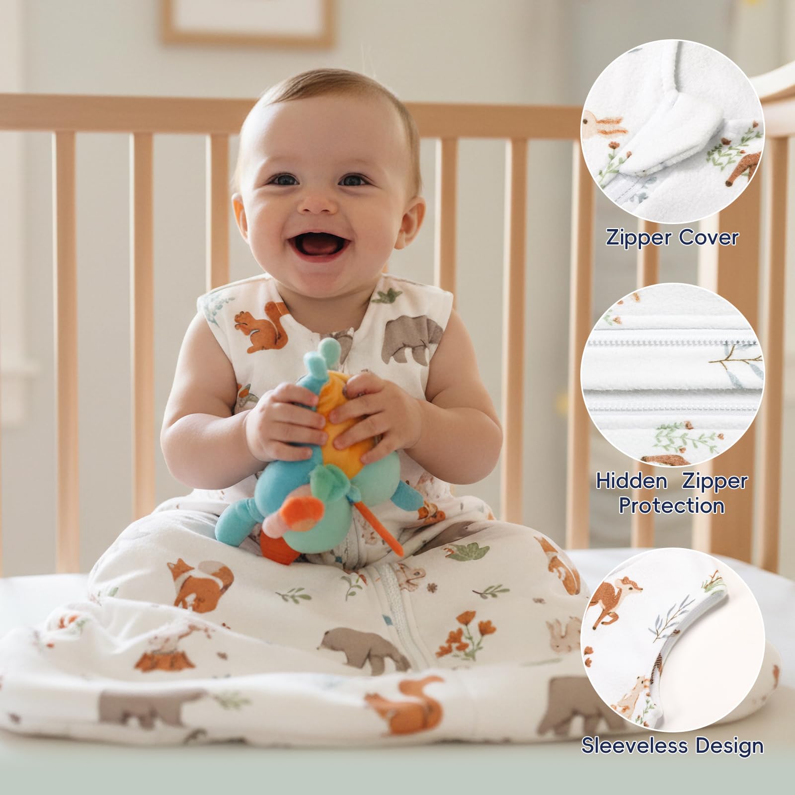 PHF woodland-pattern sleep sack adds playful bedtime style.