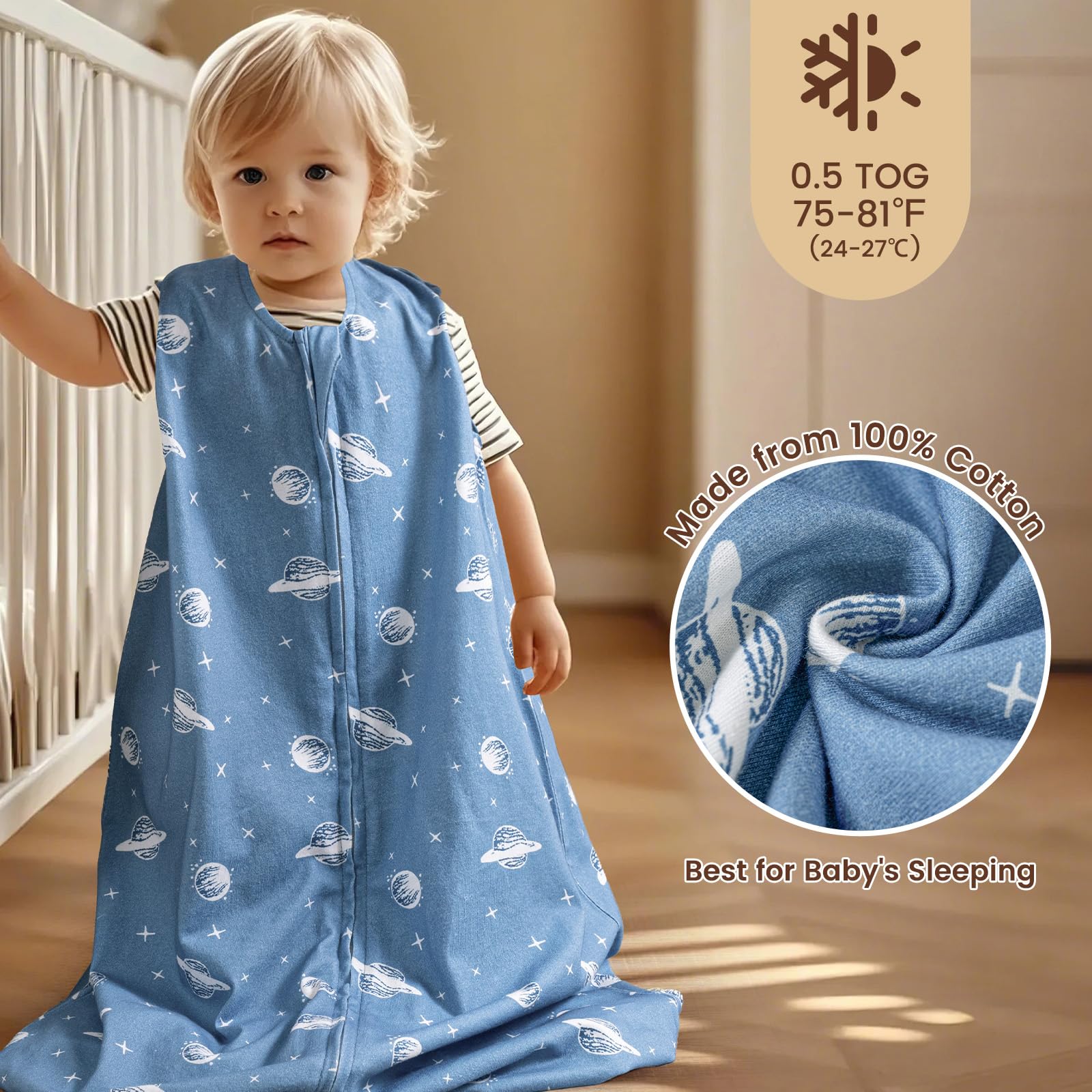 PHF Sleep Sack shows a 2-way zipper for easy night-time changes with skin-friendly guard.