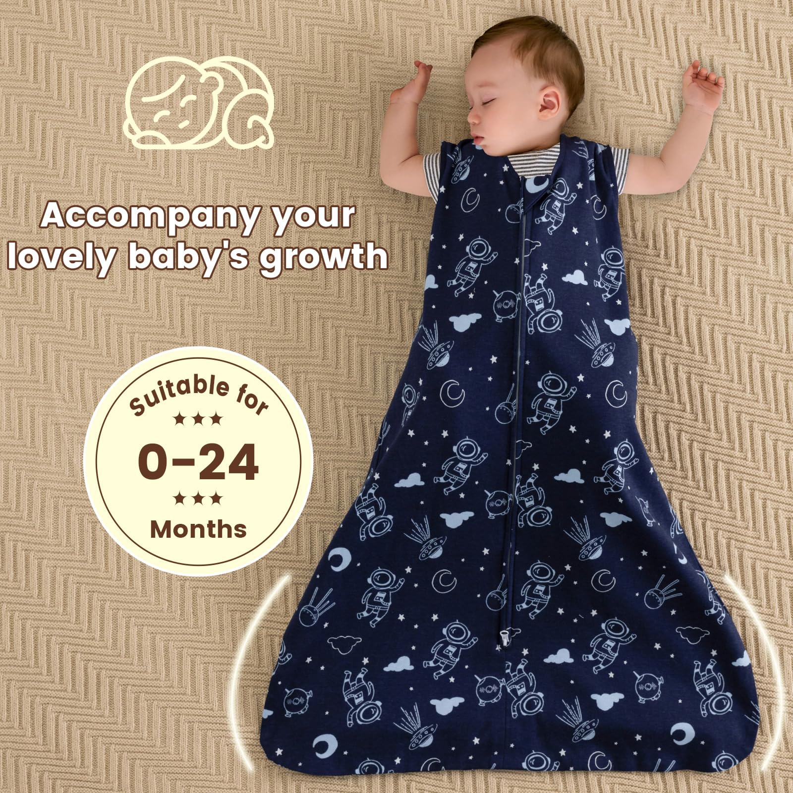 PHF navy space small sack worn on baby for cozy, breathable sleep
