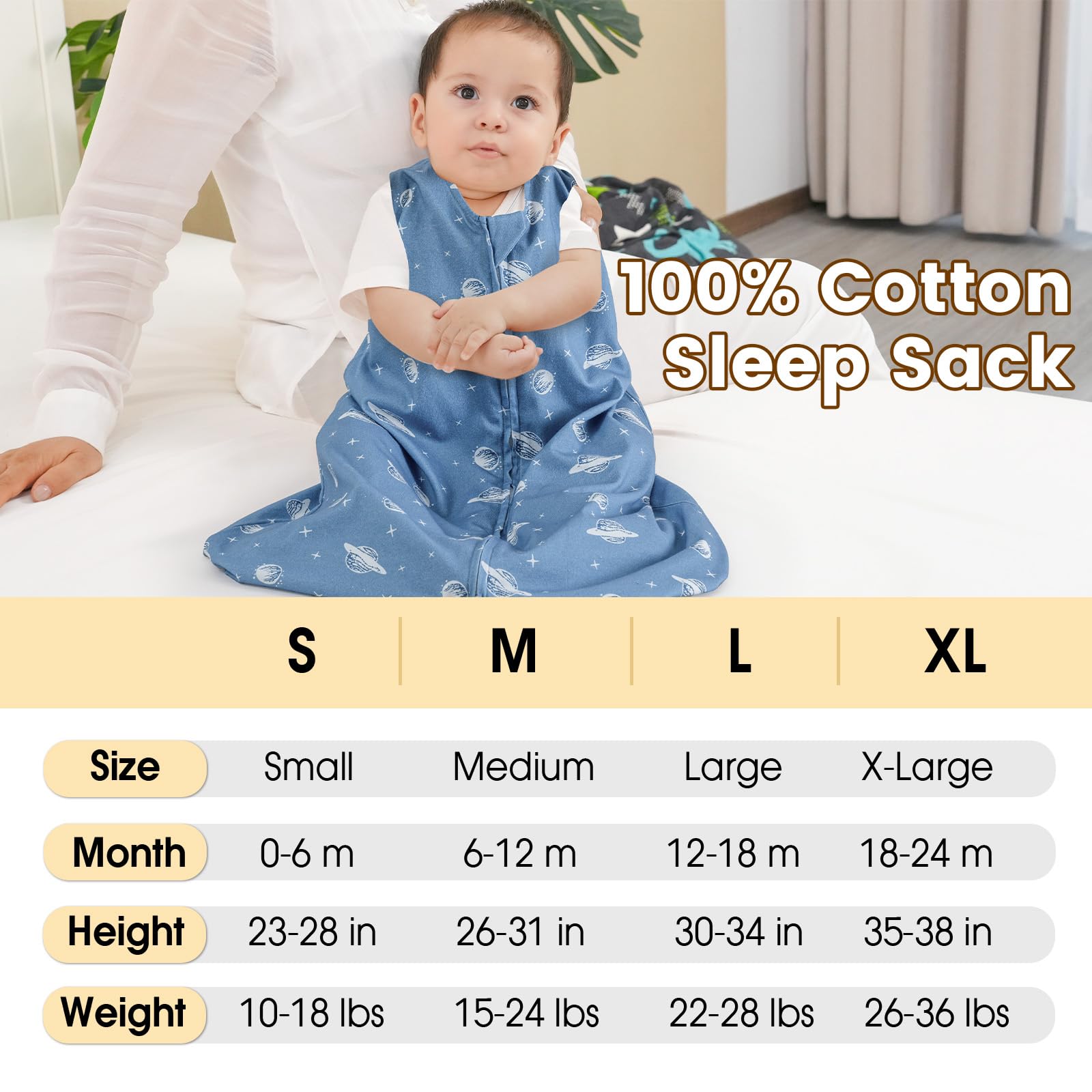 PHF Sleep Sack size chart shows four growing-friendly options for babies.