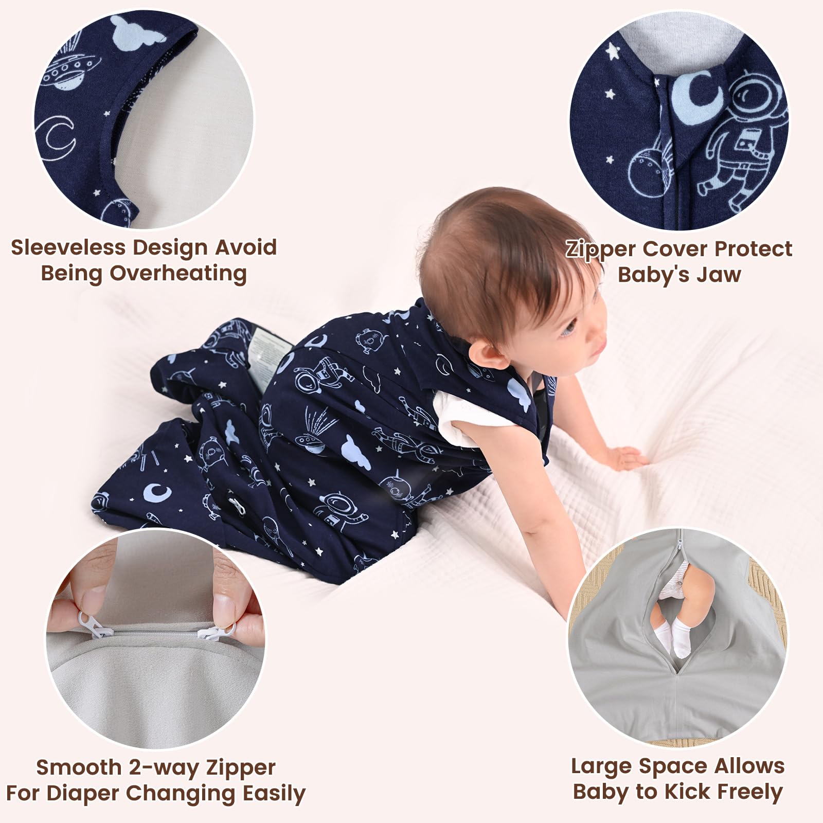 PHF Sleep Sack TOG 0.5 navy-space demonstrates breathable year-round comfort.