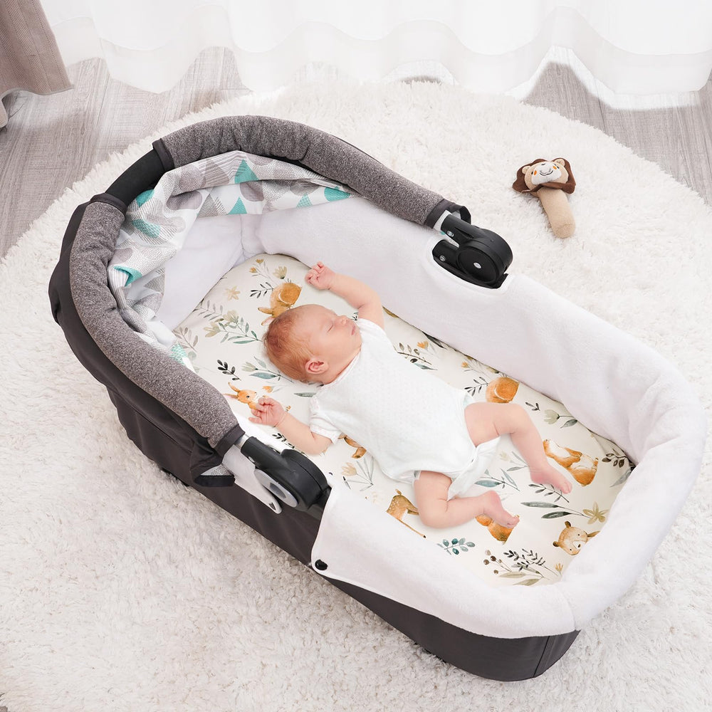 PHF Soft Bassinet Sheet Set Woodland on bassinet—universal fit for oval, rectangular shapes