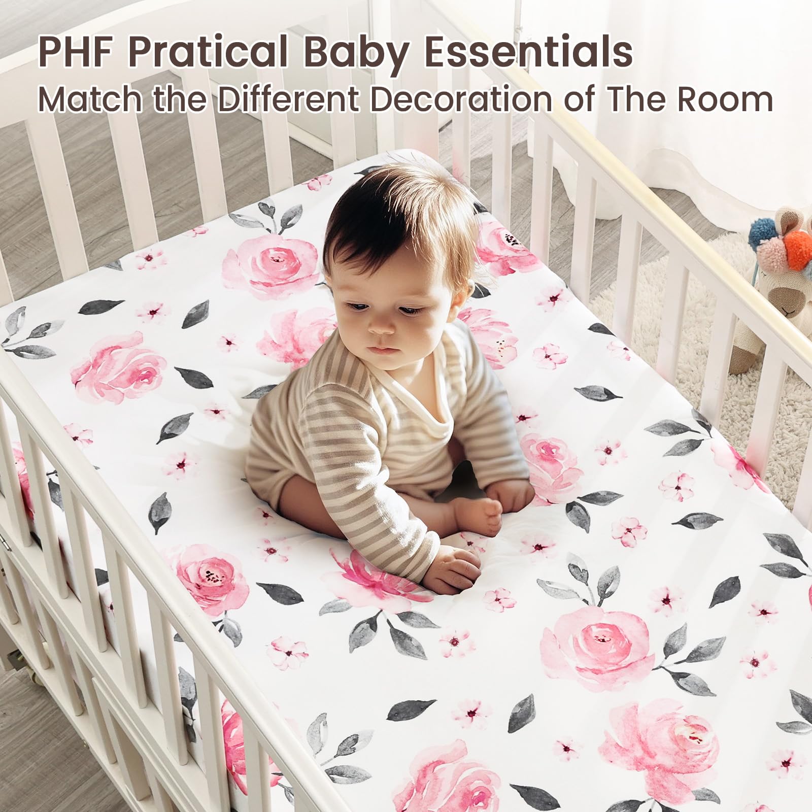 PHF soft crib sheet with elastic band securing snug fit