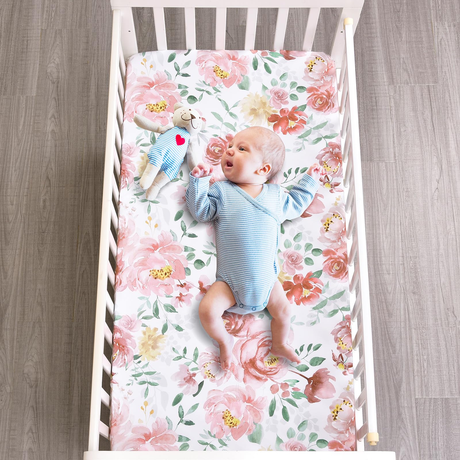 PHF Soft Floral crib sheet edge with self-fabric elastic for durable secure fit