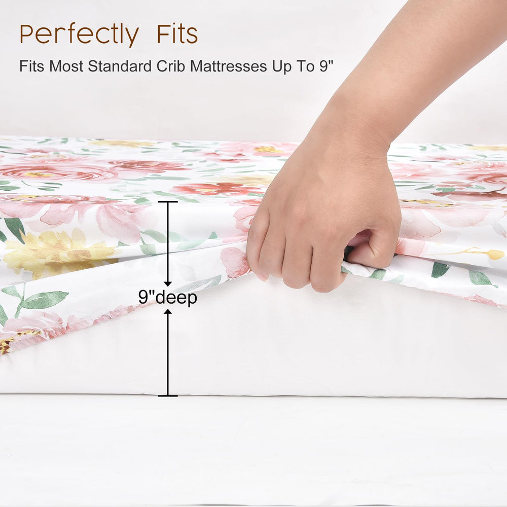 PHF Soft Floral crib sheet on bed with strong elastic prevents slipping