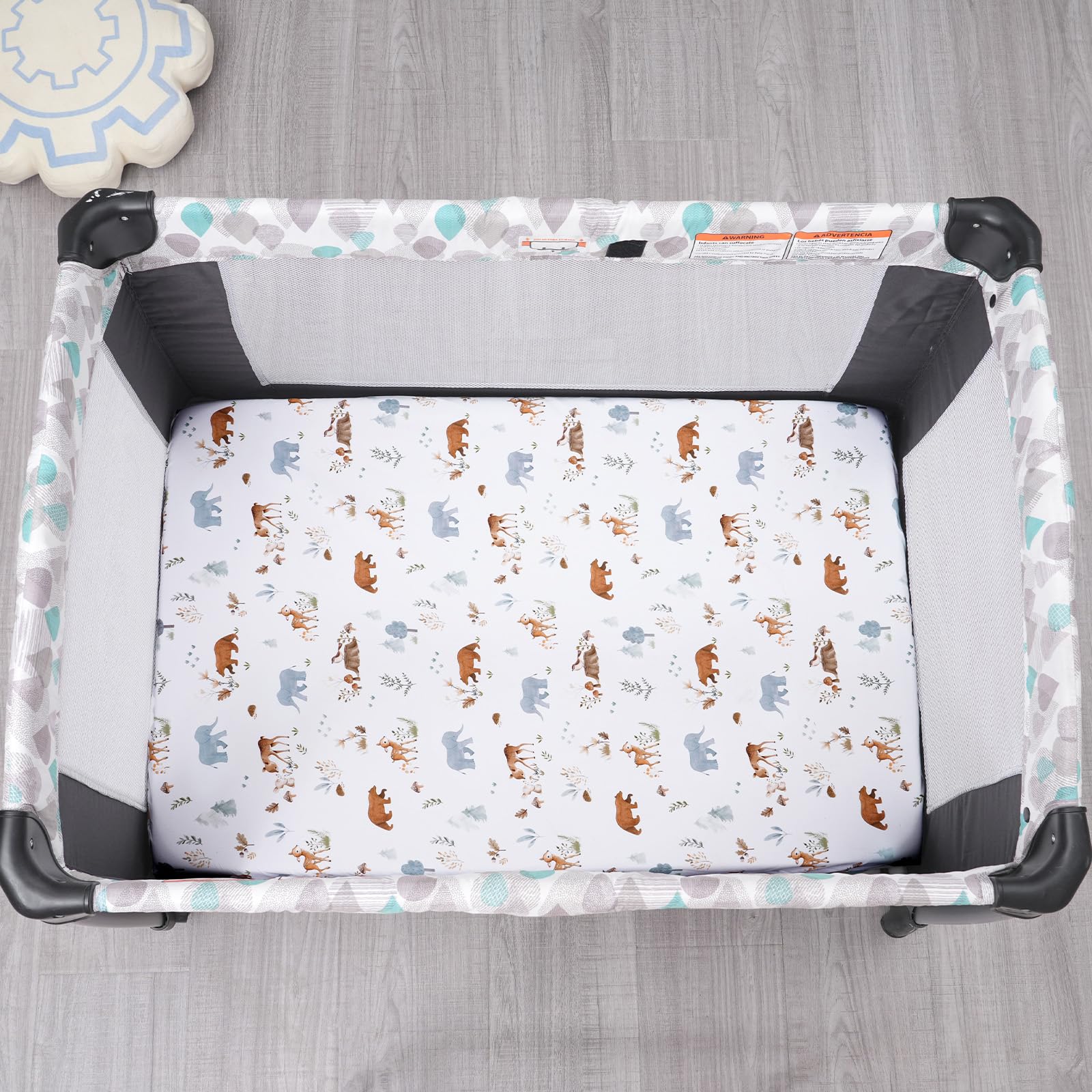 PHF Soft Mini Crib Sheet Set care graphic illustrating easy machine-wash and low-dry care.