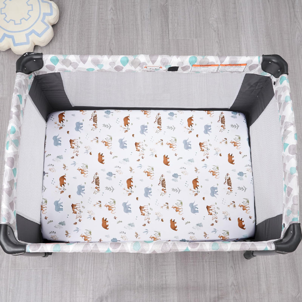 PHF Soft Mini Crib Sheet Set care graphic illustrating easy machine-wash and low-dry care.