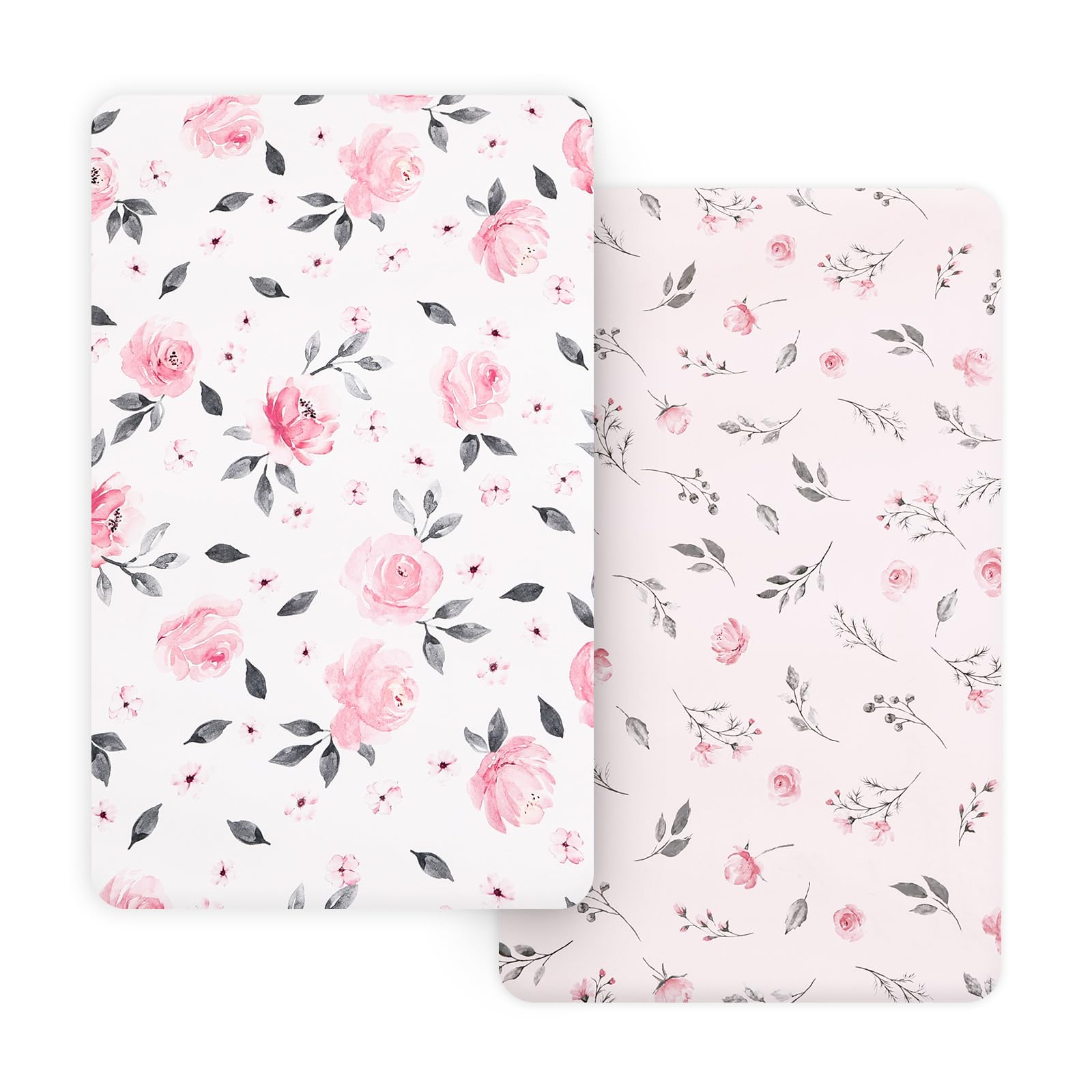 PHF Soft Mini Crib Sheet Set in pink floral offers a snug fit for mini mattresses.