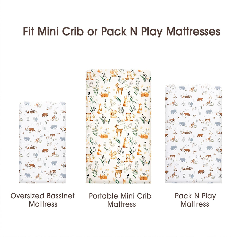 PHF Soft Mini Crib Sheet Set two-pack woodland design in nursery setting.