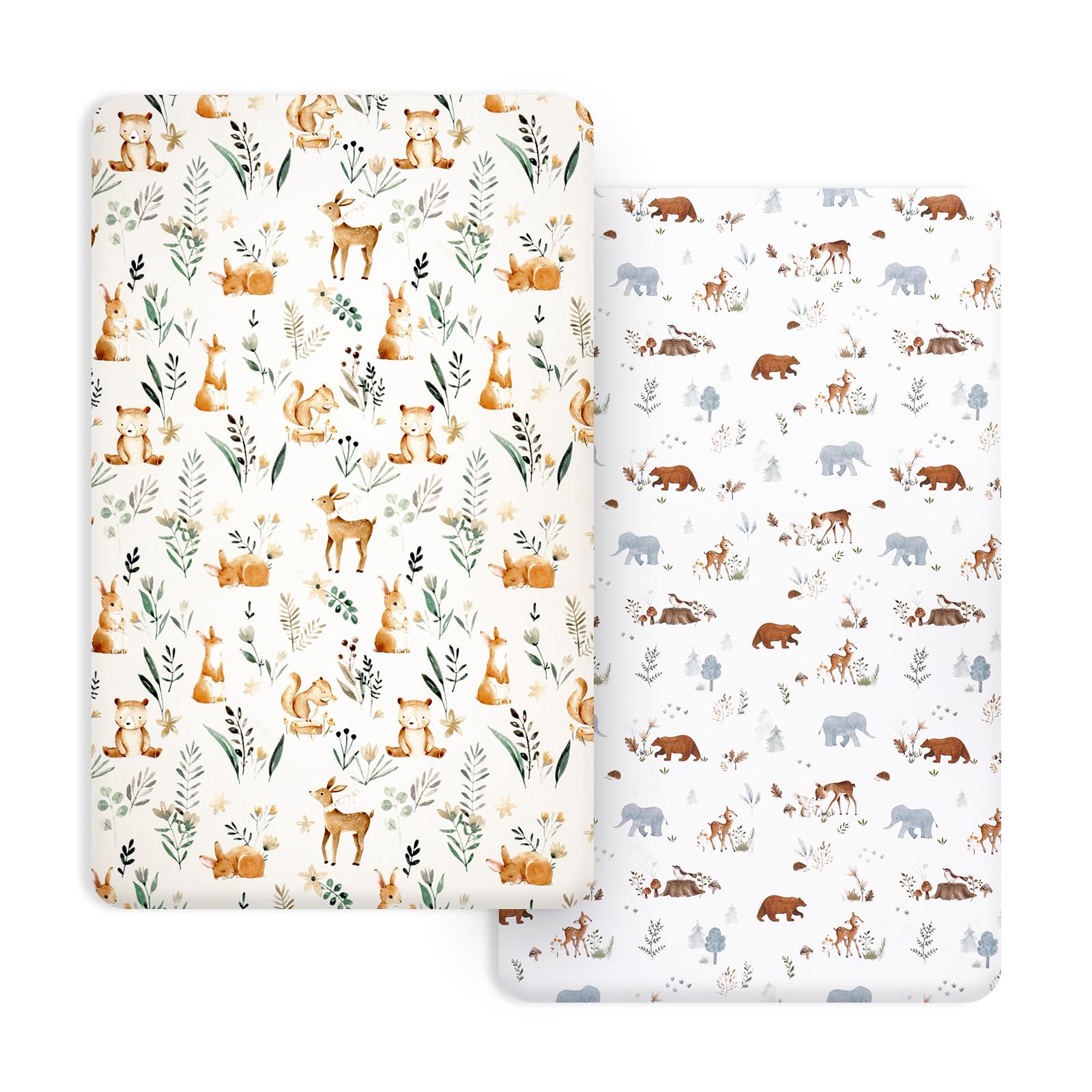 PHF Soft Mini Crib Sheet Set woodland pattern closeup, soft microfiber and snug pockets.