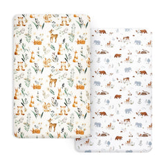 PHF Soft Mini Crib Sheet Set woodland pattern closeup, soft microfiber and snug pockets.