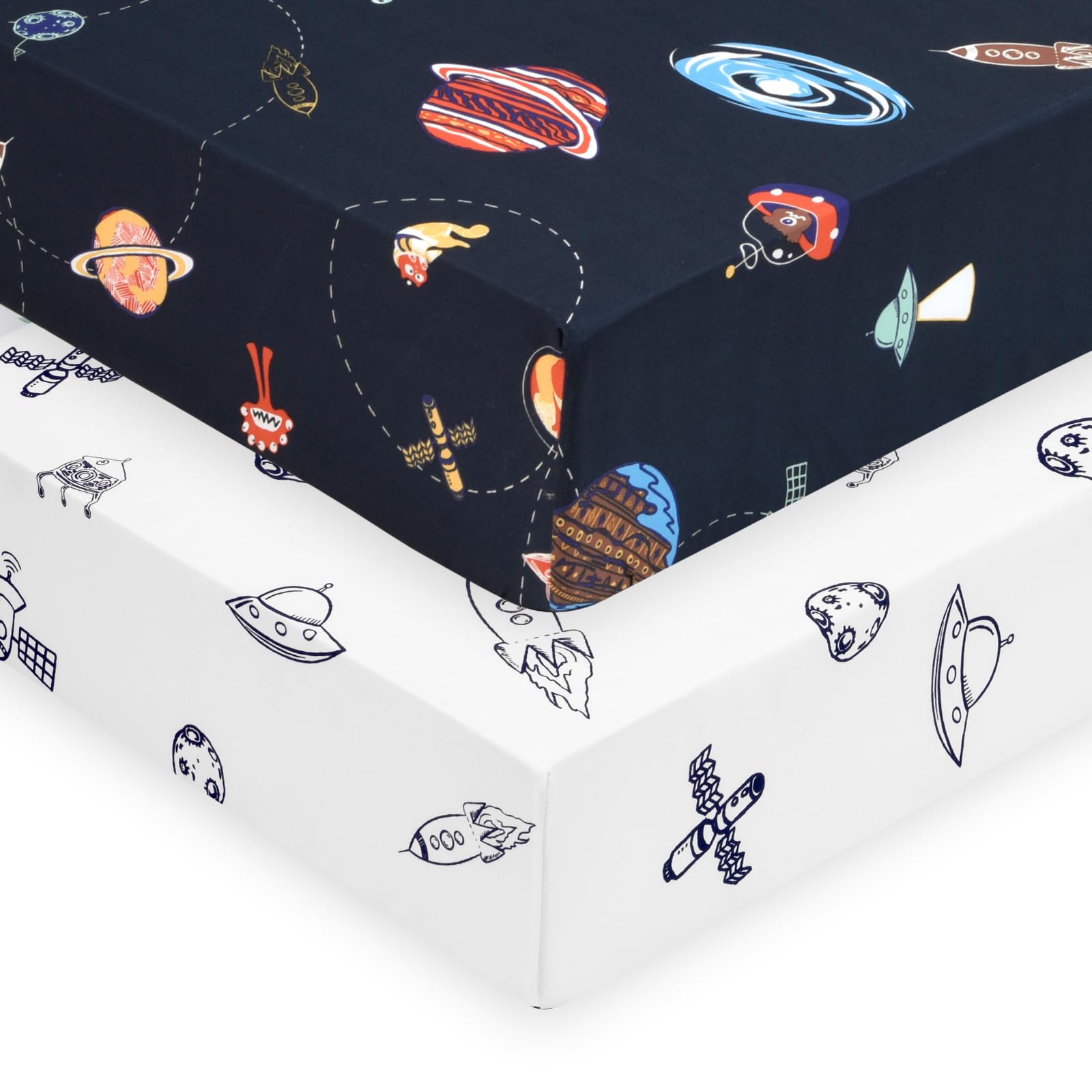 PHF Soft Space crib sheet two-pack flat lay showcases space pattern for stylish nursery decor