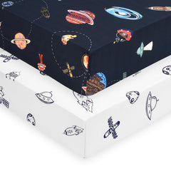 PHF Soft Space crib sheet two-pack flat lay showcases space pattern for stylish nursery decor