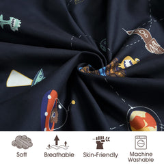 PHF Soft Space pattern with planets and rockets shown on sheets for stimulating baby recognition