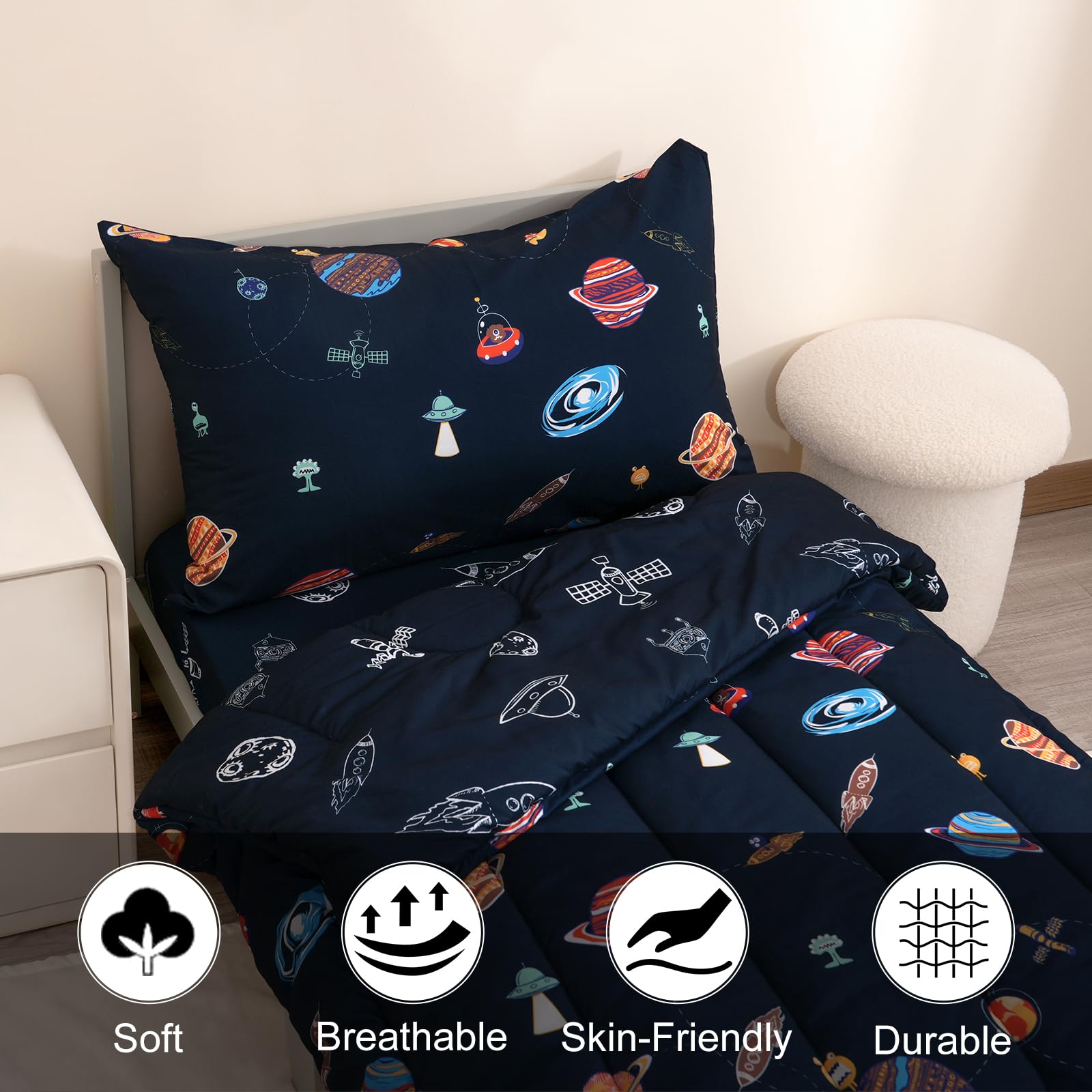 PHF space bed in a bag packaging displays complete toddler bedding solution.