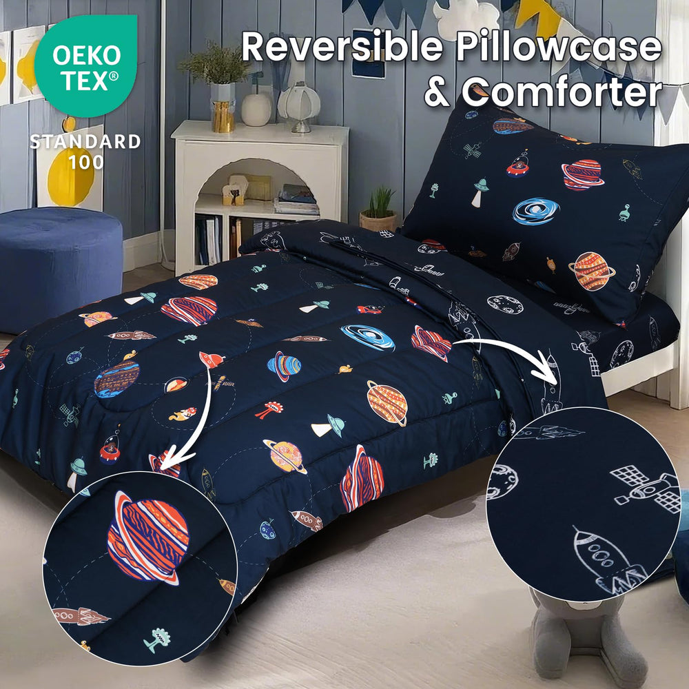 PHF space pillowcase set emphasizes breathable fabric and easy-care benefits.