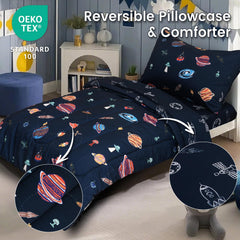PHF space pillowcase set emphasizes breathable fabric and easy-care benefits.