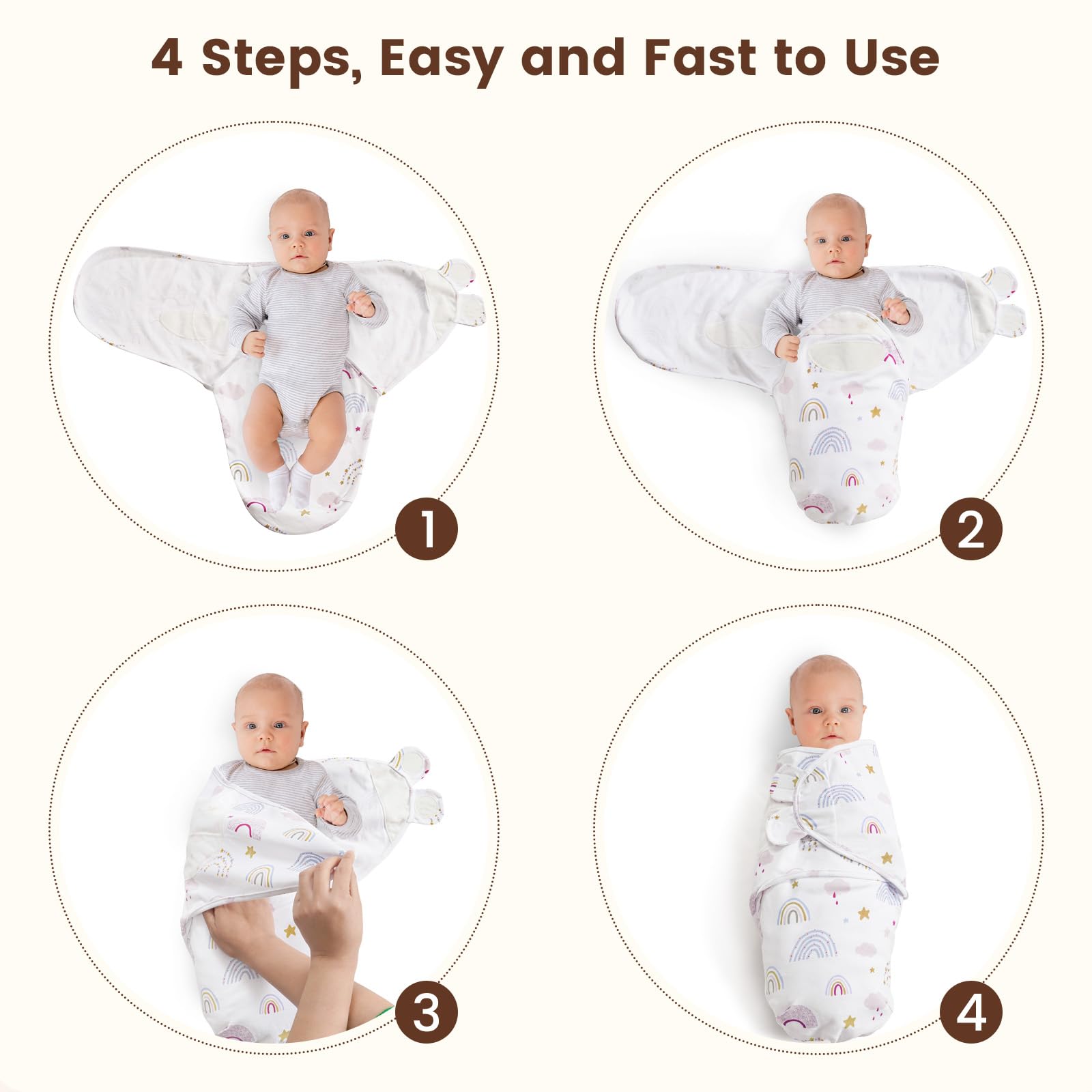 PHF rainbow pattern swaddle in nursery demonstrates secure wrap