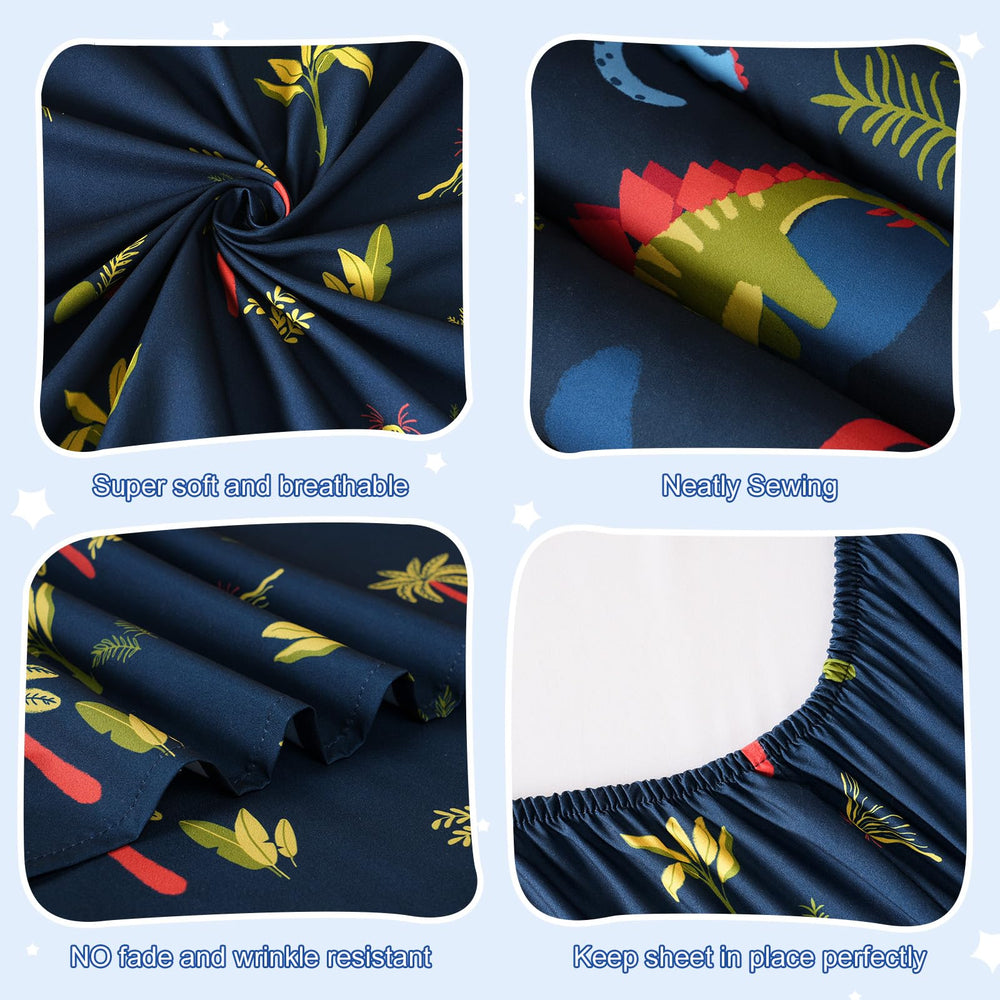 PHF navy dinosaur flat sheet close-up showcases generous dimensions for complete coverage