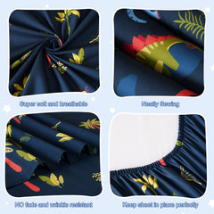 PHF navy dinosaur flat sheet close-up showcases generous dimensions for complete coverage