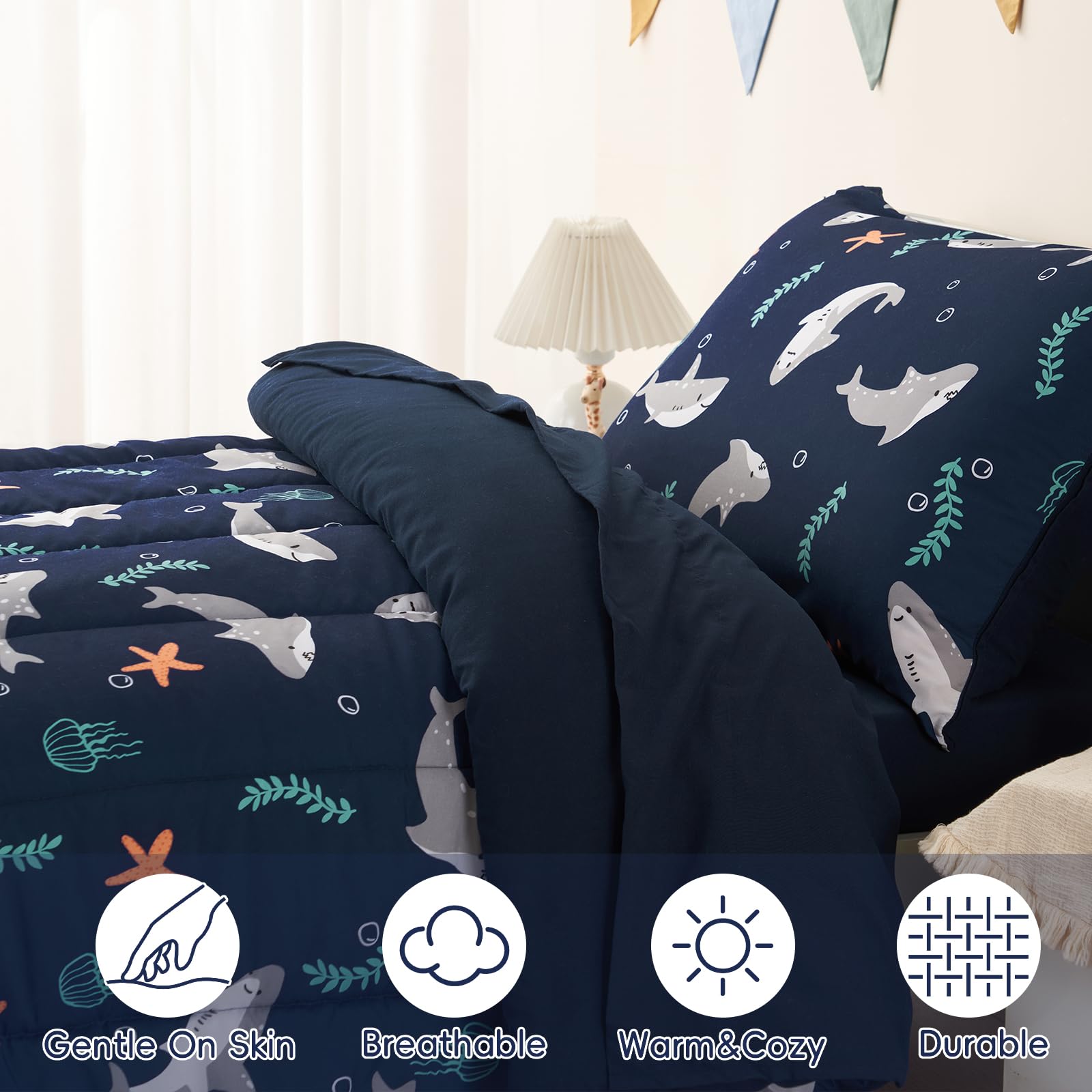 PHF shark comforter close-up shows silky-soft surface for all-season warmth