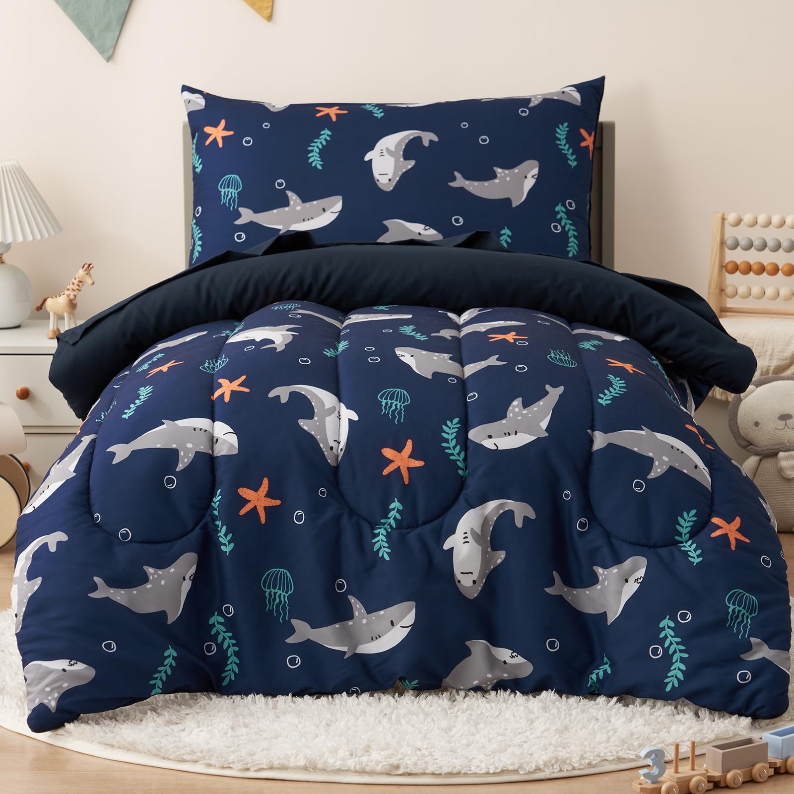 PHF toddler shark bedding set full view highlights cozy comforter and coordinating sheets