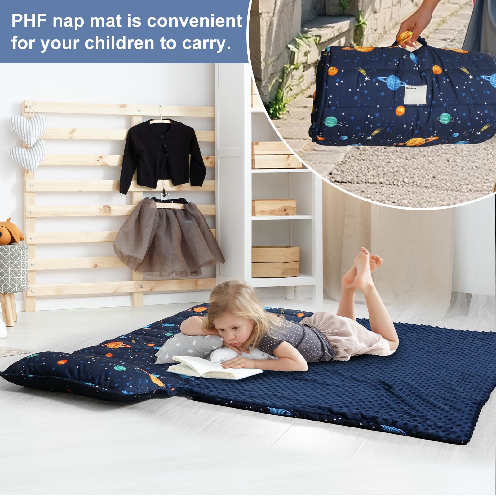 PHF space-themed nap mat features plush fleece for soft, cozy rests.