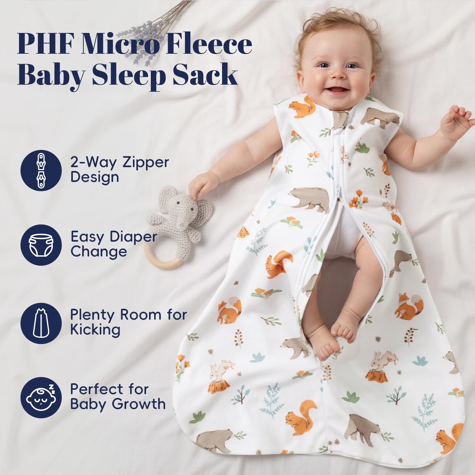 PHF sleep sack open top view shows roomy hip space for movement.