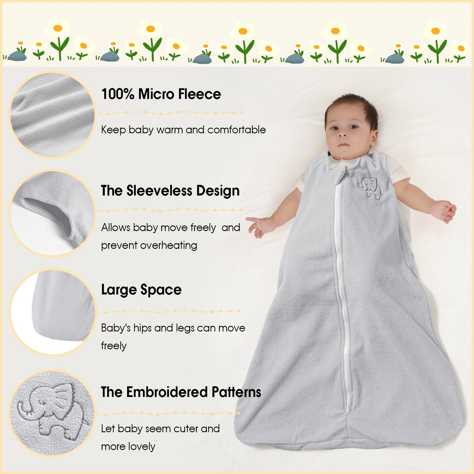 PHF sleep sack interior view showcases soft fleece and roomy space for hips and legs.