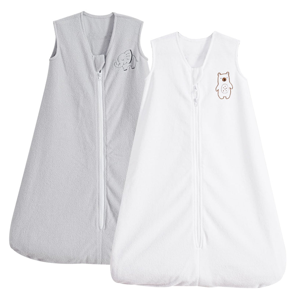 PHF warm micro-fleece sleep sack in white and grey with zipper for easy nighttime diaper changes.